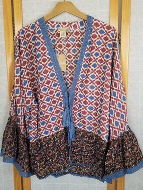 Nalini Printed op NWT Boho Tie Front Long Sleeves Festival